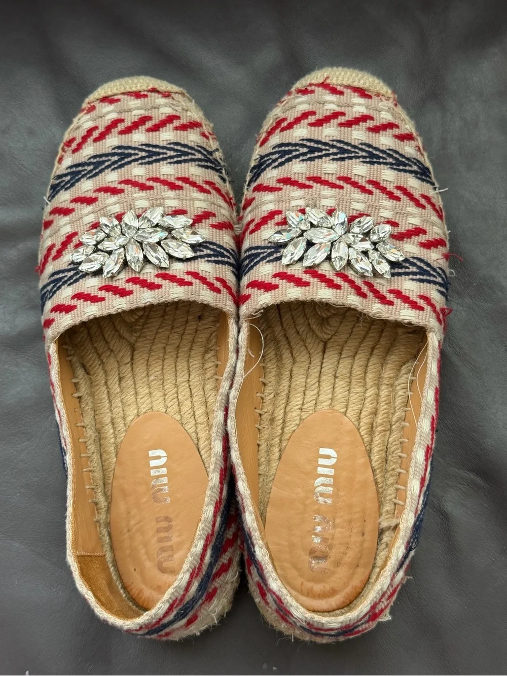 Miu Miu Beige Espadrilles with Red & Navy Stripe and Crystal Brooch 37 Size